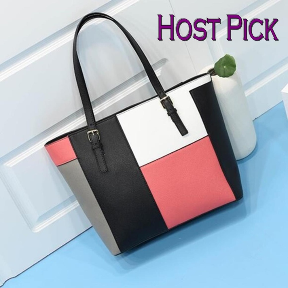 Pink, White, Black, and Brown Color Block Tote Bag